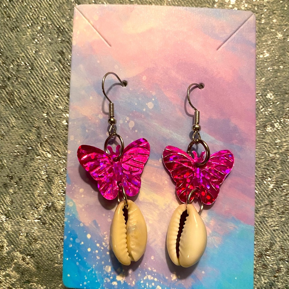 Seashell butterfly earrings holographic iridescent sequin dangles